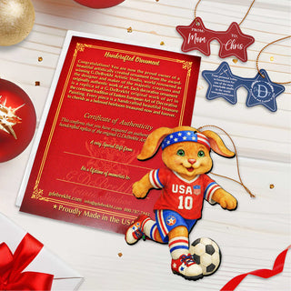 Patriotic Soccer Bunny Wooden Ornament – USA Sports Easter Bunny Decoration – Handcrafted Wooden Easter Décor by G. Debrekht - 8652870