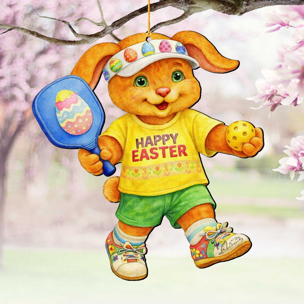 Pickleball Bunny Boy Wooden Ornament – Spring Bunny Decoration – Handcrafted Wooden Easter Décor by G. Debrekht - 8652871