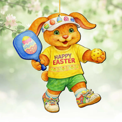Pickleball Bunny Boy Wooden Ornament – Spring Bunny Decoration – Handcrafted Wooden Easter Décor by G. Debrekht - 8652871