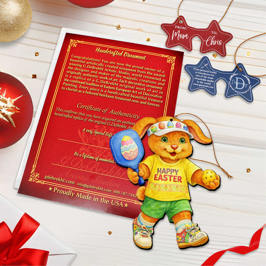 Pickleball Bunny Boy Wooden Ornament – Spring Bunny Decoration – Handcrafted Wooden Easter Décor by G. Debrekht - 8652871