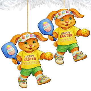 Pickleball Bunny Boy Wooden Ornament – Spring Bunny Decoration – Handcrafted Wooden Easter Décor by G. Debrekht - 8652871