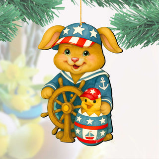 Patriotic Sailor Bunny Wooden Ornament – Easter Bunny Decoration – Handcrafted Wooden Easter Décor by G. Debrekht - 8652872