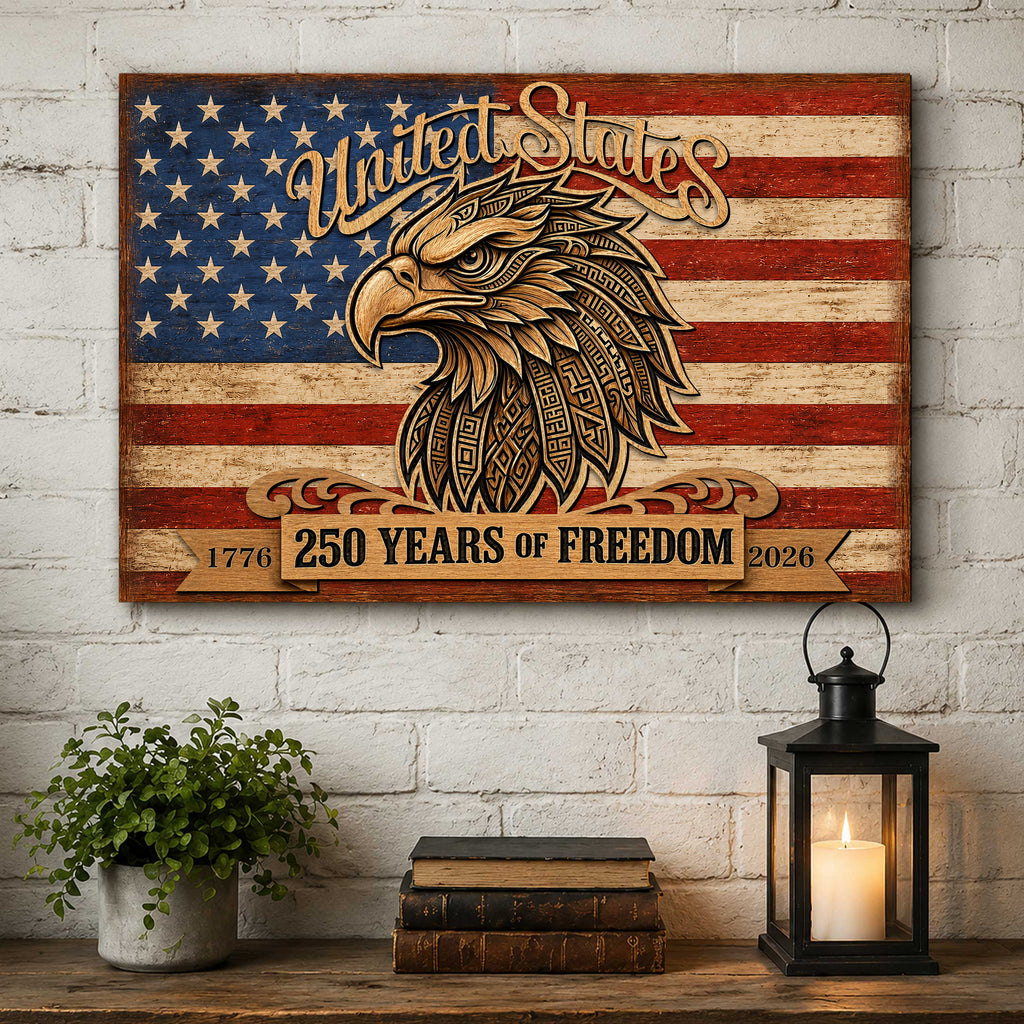 a wooden sign with an eagle and the American flag, celebrating the 250th anniversary of the United States.