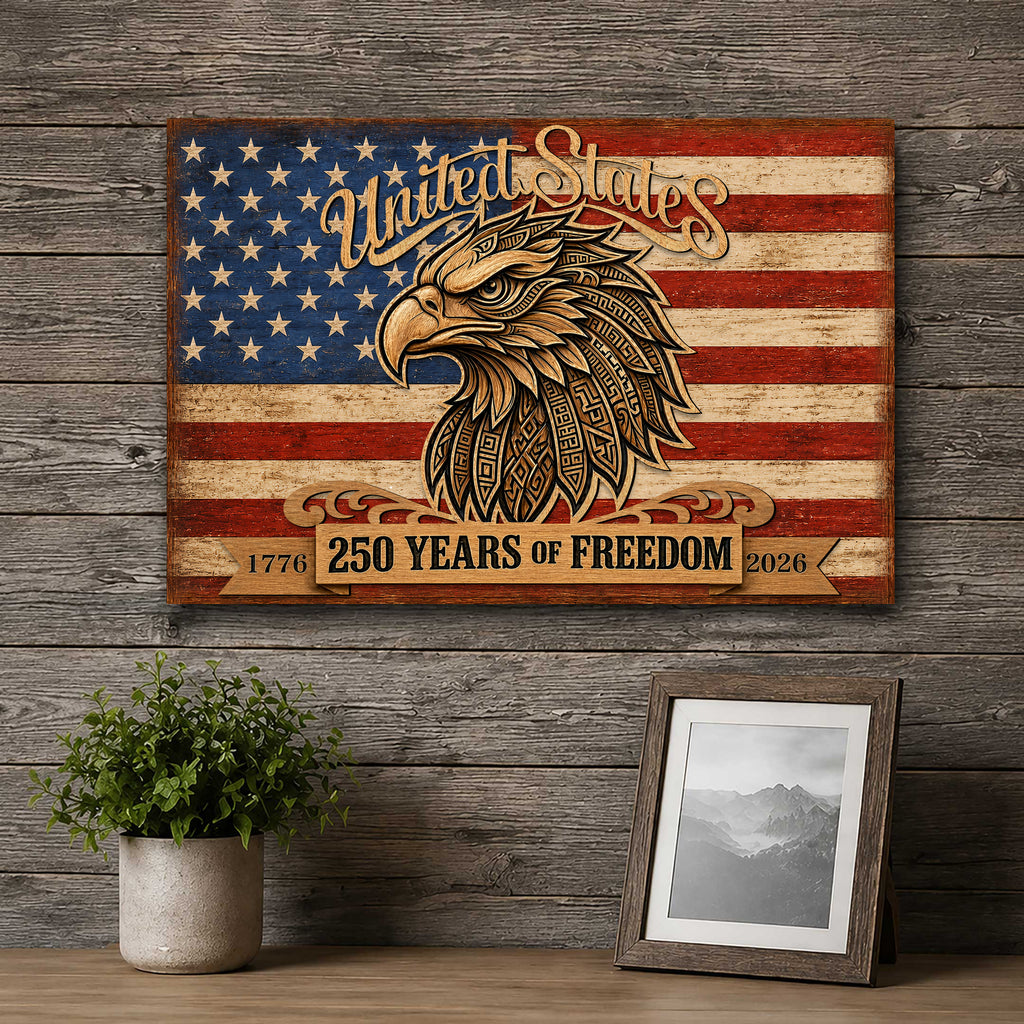 a wooden wall with a framed picture of a bald eagle and an American flag, along with a potted plant and a framed photograph.