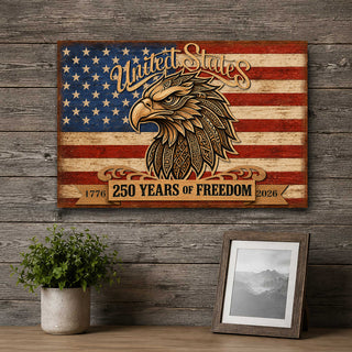 a wooden wall with a framed picture of a bald eagle and an American flag, along with a potted plant and a framed photograph.