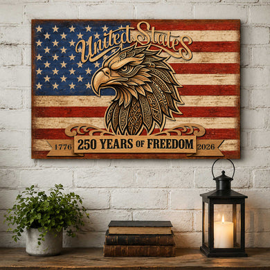 a wooden sign with an eagle and the American flag, celebrating the 250th anniversary of the United States.