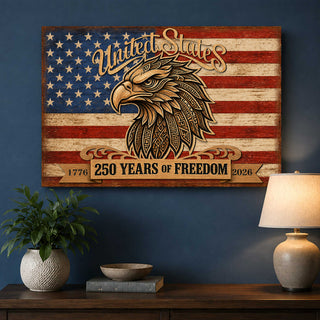 a wooden sign with an eagle and the text 