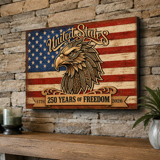 a wooden sign with an eagle and the American flag, mounted on a brick wall.