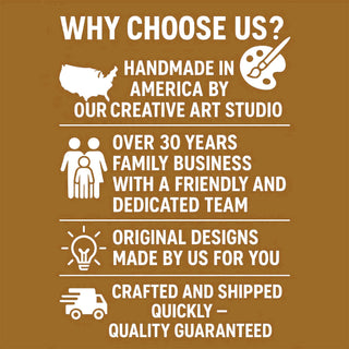 The image is a promotional graphic for a company that specializes in handmade products. It features a list of reasons why customers should choose the company, including handmade in America by a creative art studio, over 30 years of family business, original designs made by the team, and being crafted and shipped quickly with a quality guarantee.