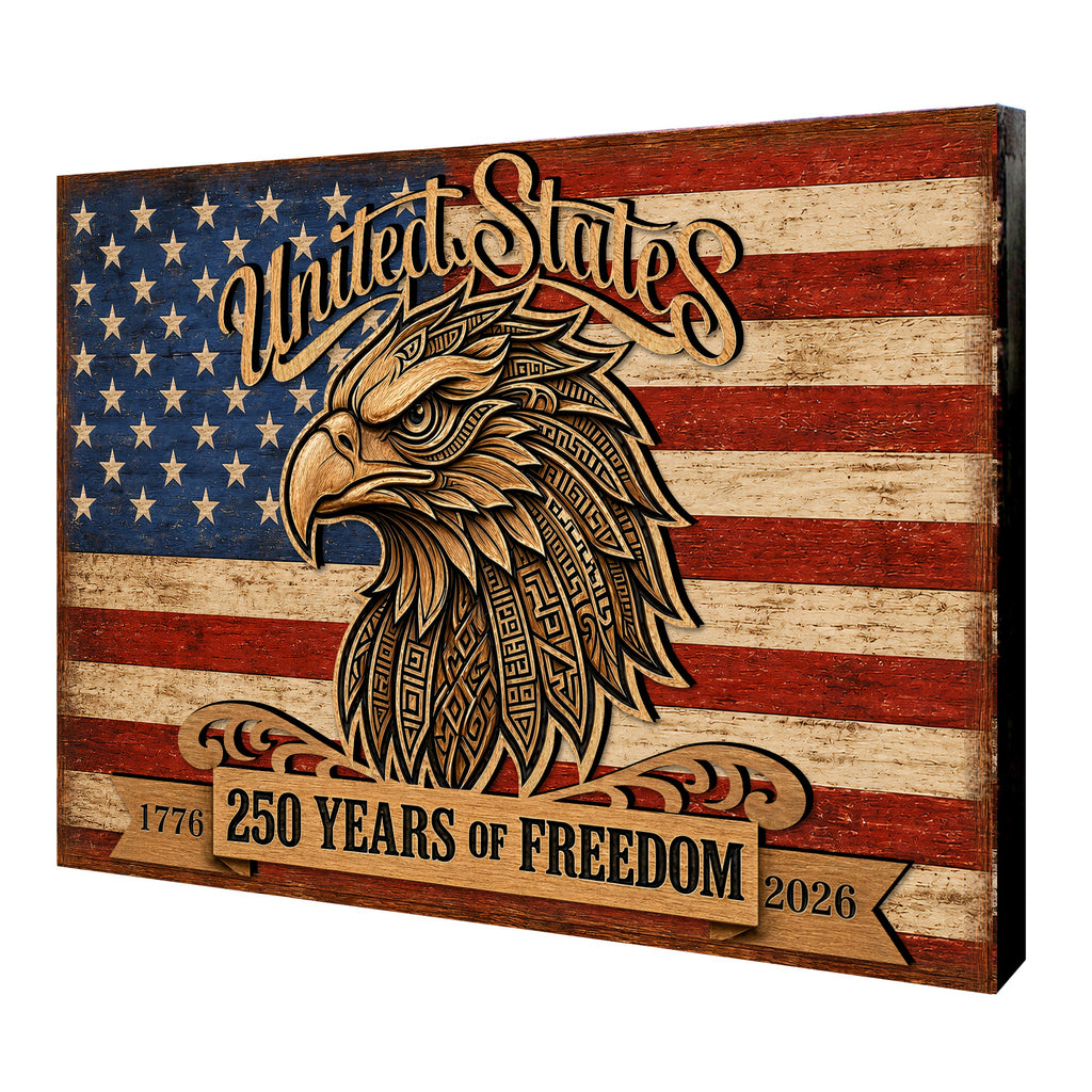 a wooden sign with an eagle head and the text 
