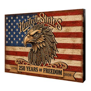 a wooden sign with an eagle head and the text 