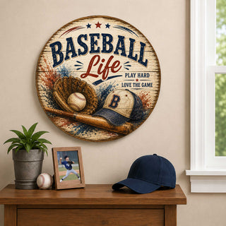 Baseball Life Wall Decor – Rustic Baseball Sports Sign – 19x19 Round Wall Art by G.Debrekht - 8652878H