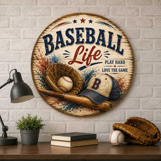 Baseball Life Wall Decor – Rustic Baseball Sports Sign – 19x19 Round Wall Art by G.Debrekht - 8652878H
