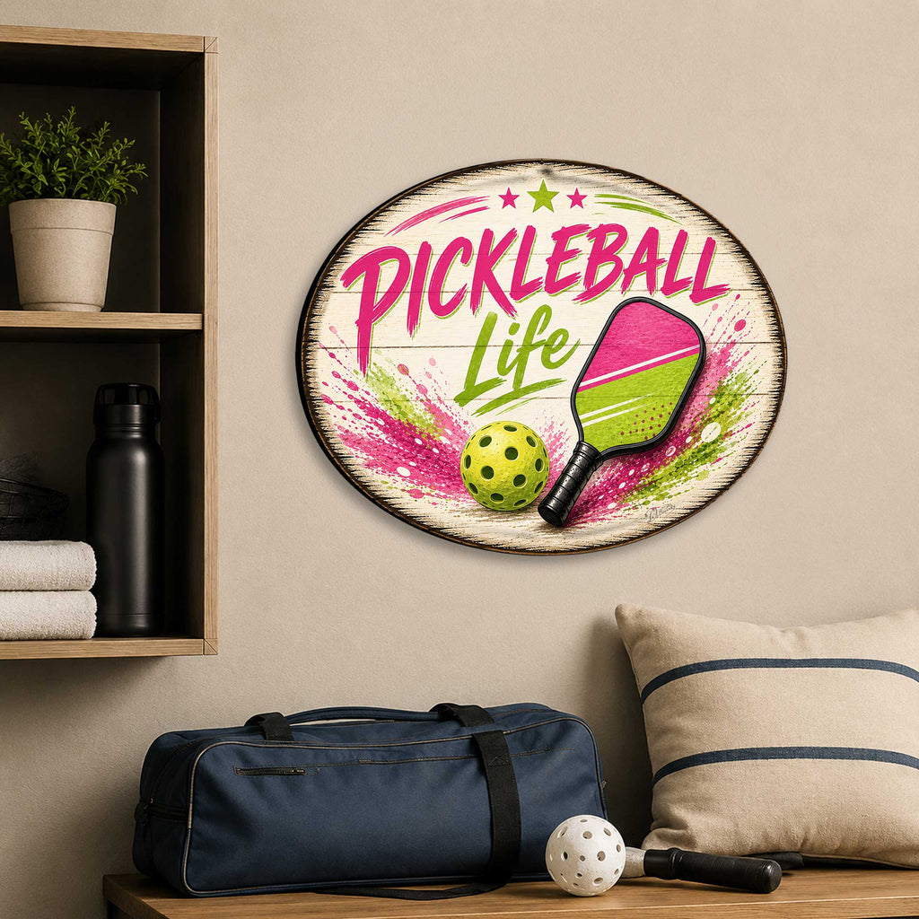 Pickleball Life Wall Decor – Rustic Pickleball Sports Sign – 19x19 Round Wall Art by G. Debrekht - 8652880H
