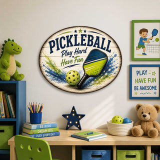 Pickleball Play Hard Have Fun Wall Decor – Rustic Pickleball Sports Sign – 19x19 Round Wall Art by G. Debrekht - 8652881H
