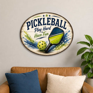Pickleball Play Hard Have Fun Wall Decor – Rustic Pickleball Sports Sign – 19x19 Round Wall Art by G. Debrekht - 8652881H