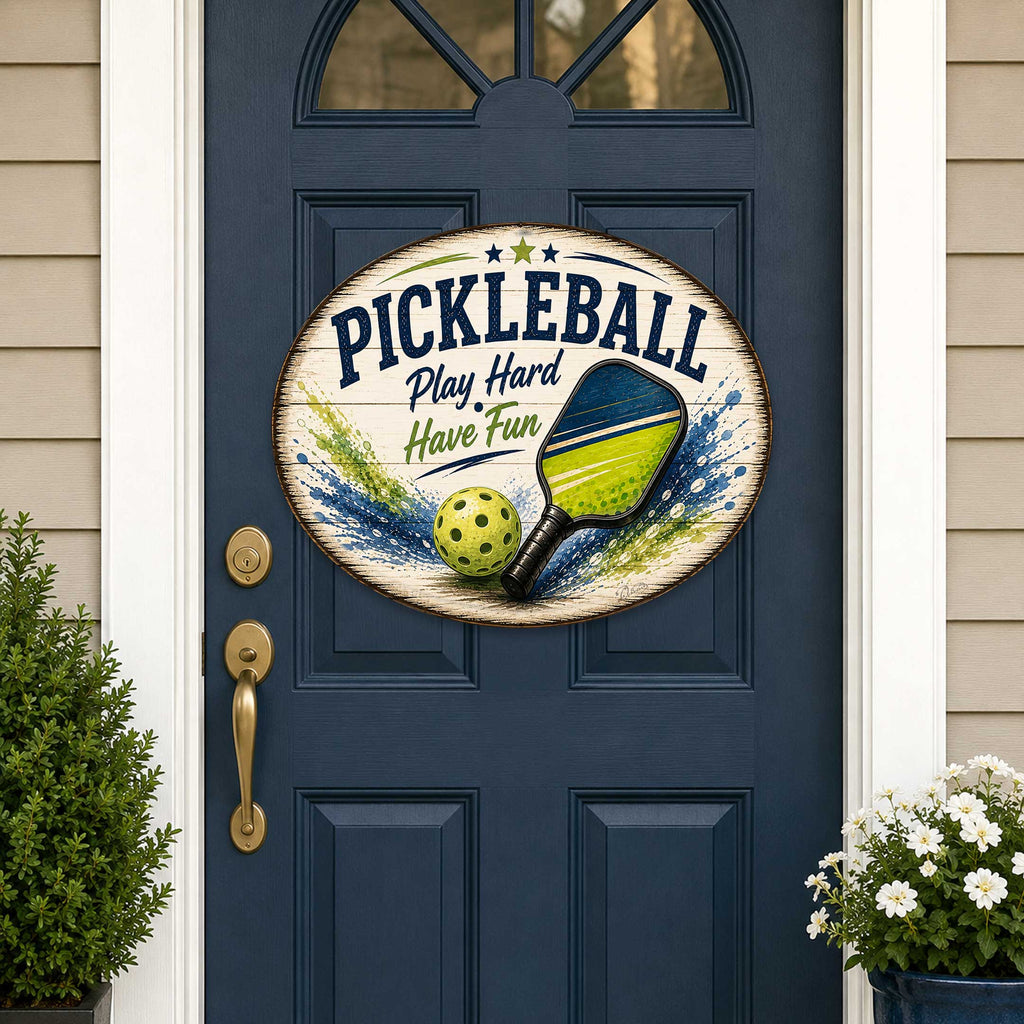Pickleball Play Hard Have Fun Wall Decor – Rustic Pickleball Sports Sign – 19x19 Round Wall Art by G. Debrekht - 8652881H