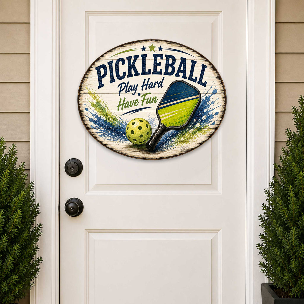 Pickleball Play Hard Have Fun Wall Decor – Rustic Pickleball Sports Sign – 19x19 Round Wall Art by G. Debrekht - 8652881H
