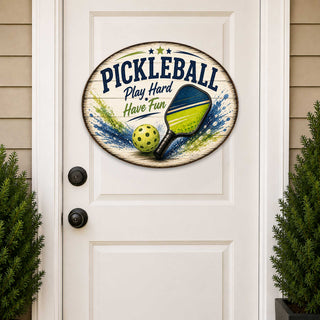 Pickleball Play Hard Have Fun Wall Decor – Rustic Pickleball Sports Sign – 19x19 Round Wall Art by G. Debrekht - 8652881H