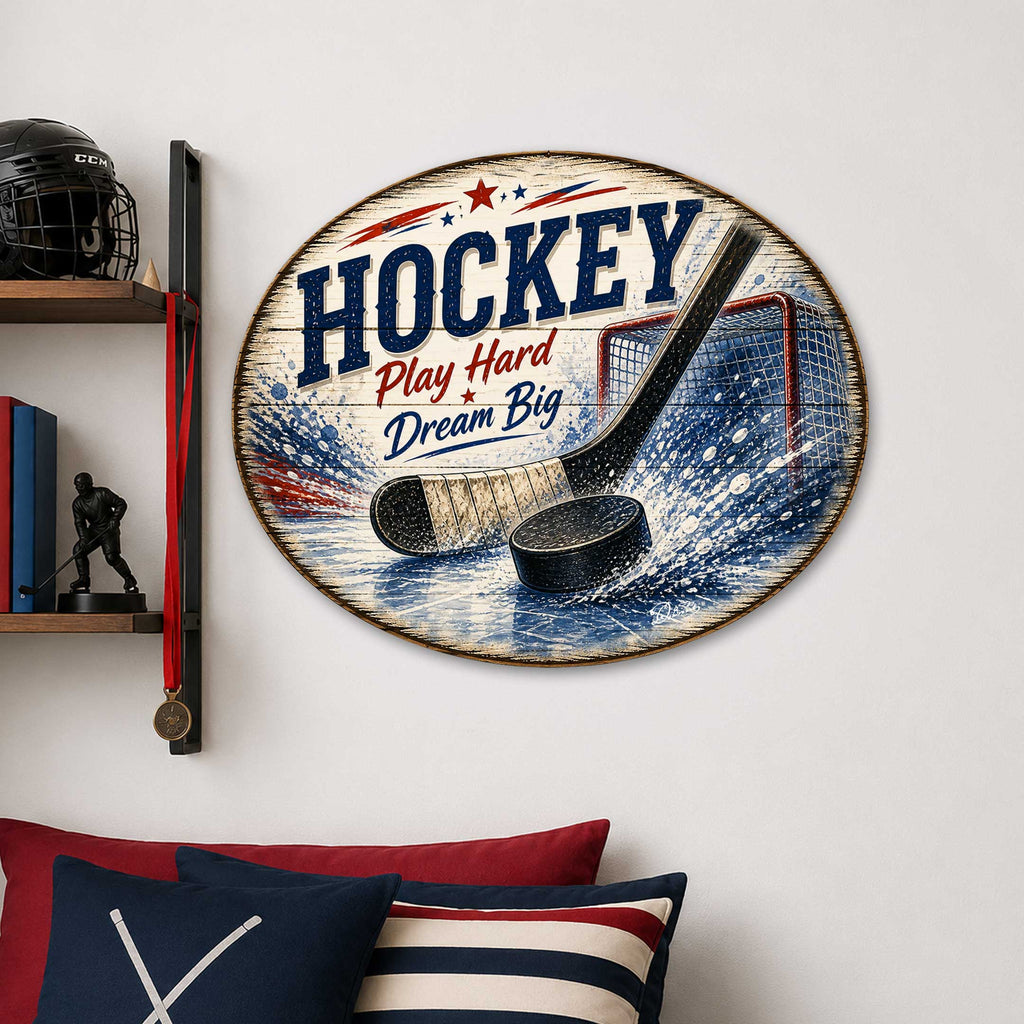 Hockey Play Hard Dream Big Wall Decor – Rustic Hockey Sports Sign – 19x19 Round Wall Art by G. Debrekht - 8652887H