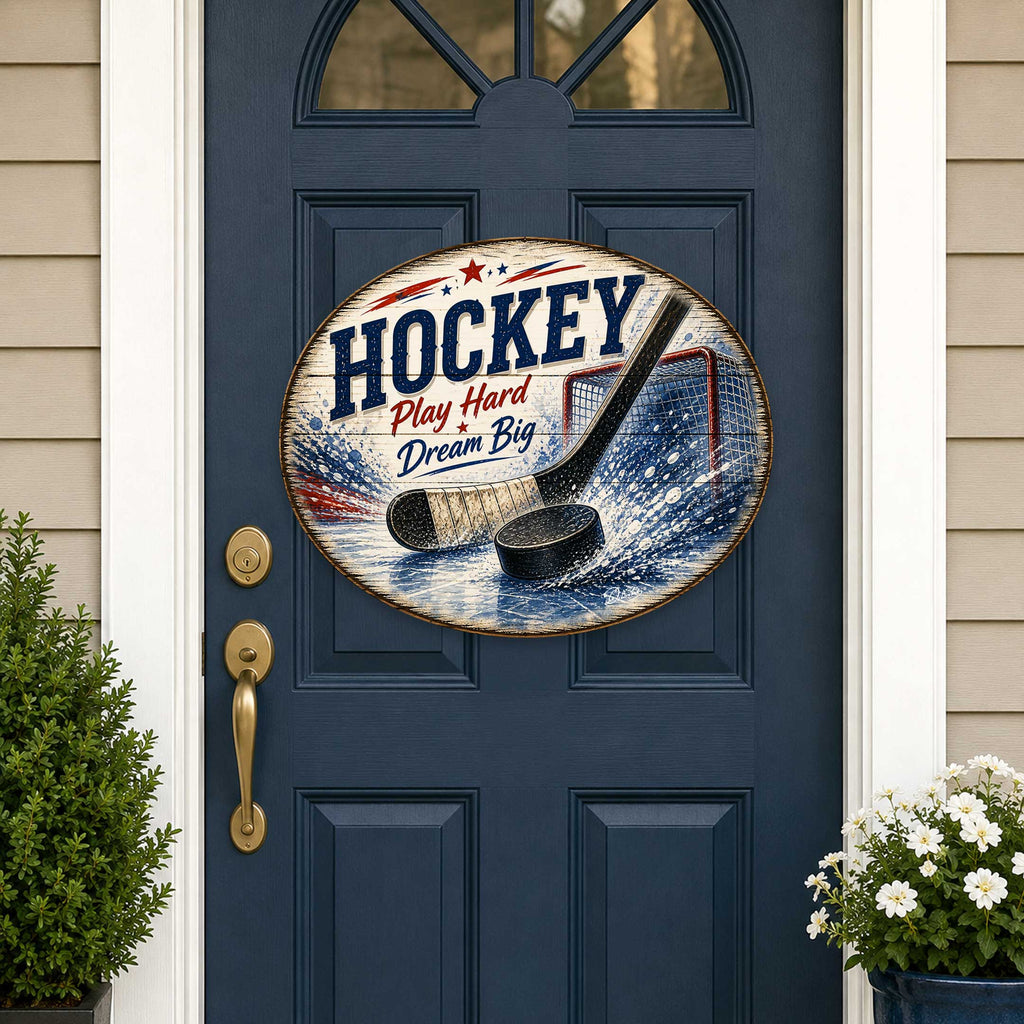 Hockey Play Hard Dream Big Wall Decor – Rustic Hockey Sports Sign – 19x19 Round Wall Art by G. Debrekht - 8652887H