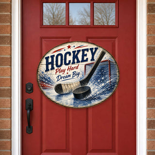 Hockey Play Hard Dream Big Wall Decor – Rustic Hockey Sports Sign – 19x19 Round Wall Art by G. Debrekht - 8652887H
