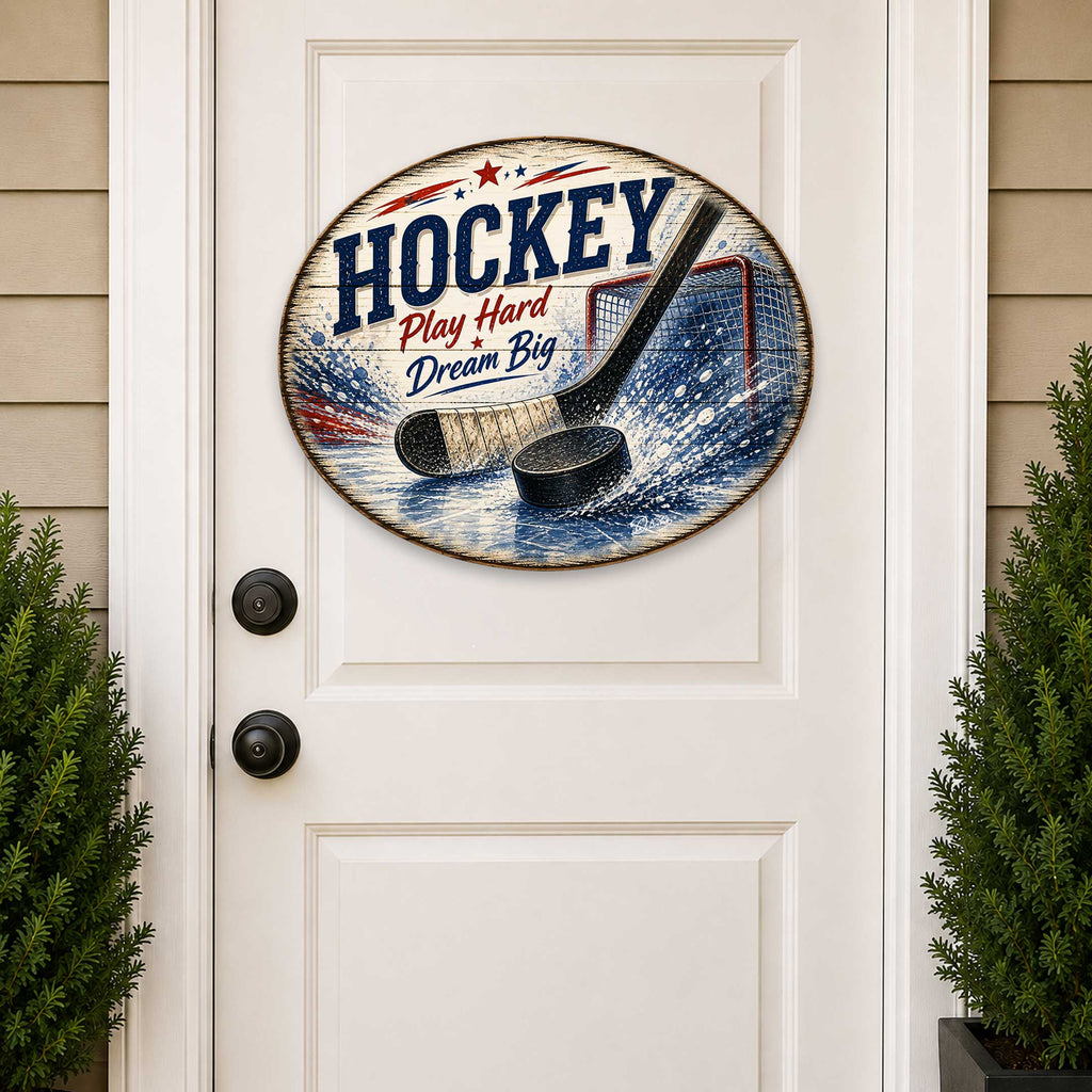 Hockey Play Hard Dream Big Wall Decor – Rustic Hockey Sports Sign – 19x19 Round Wall Art by G. Debrekht - 8652887H