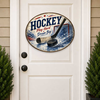 Hockey Play Hard Dream Big Wall Decor – Rustic Hockey Sports Sign – 19x19 Round Wall Art by G. Debrekht - 8652887H