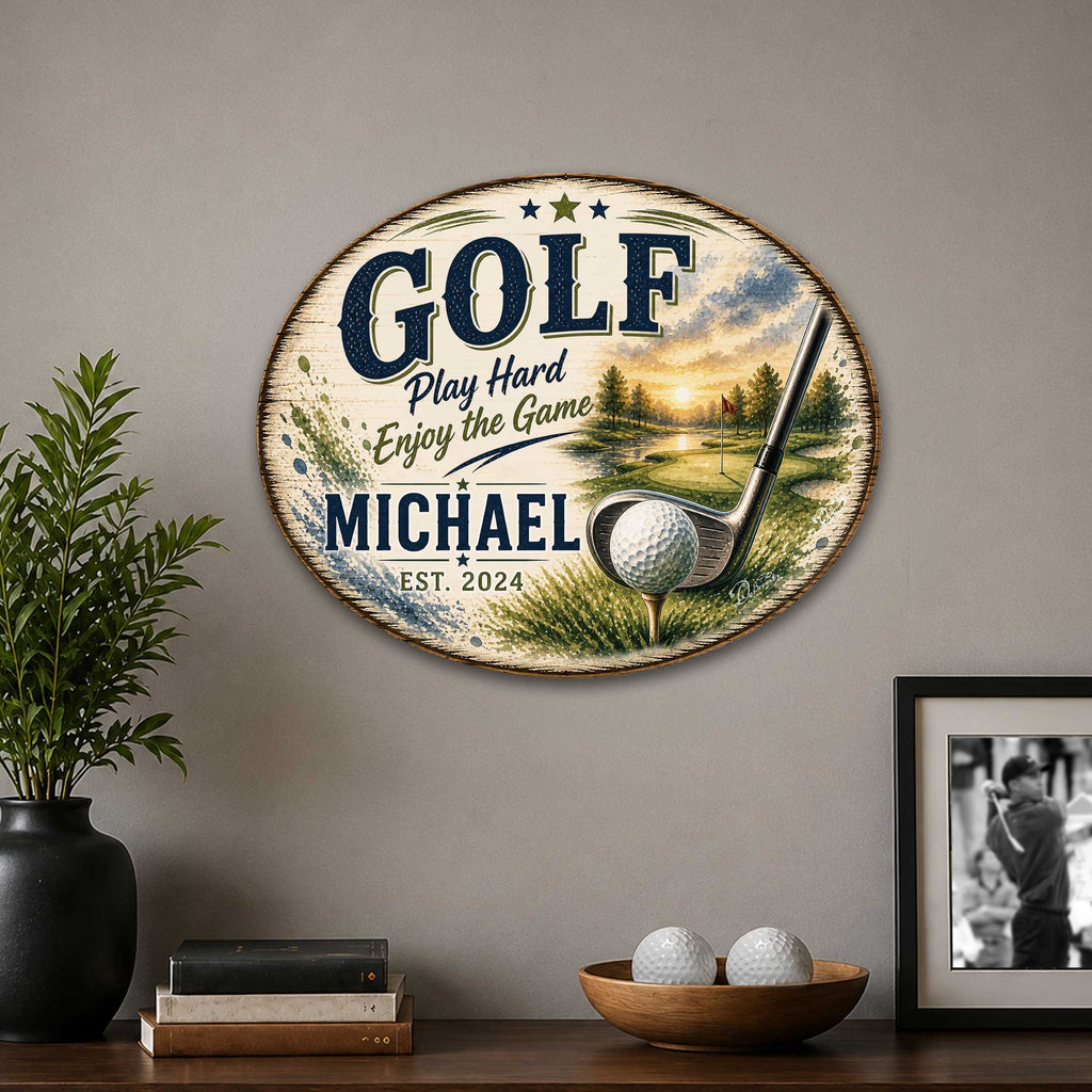 Personalized Golf Door Hanger – Custom Golf Name Sign – 19x19 Round Golf Wall Decor by G. Debrekht - 8652888H