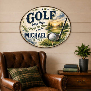 Personalized Golf Door Hanger – Custom Golf Name Sign – 19x19 Round Golf Wall Decor by G. Debrekht - 8652888H