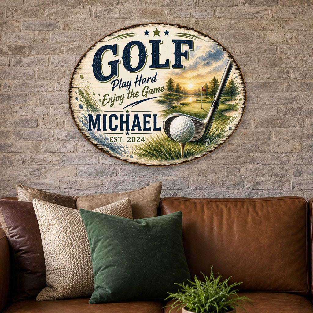 Personalized Golf Door Hanger – Custom Golf Name Sign – 19x19 Round Golf Wall Decor by G. Debrekht - 8652888H
