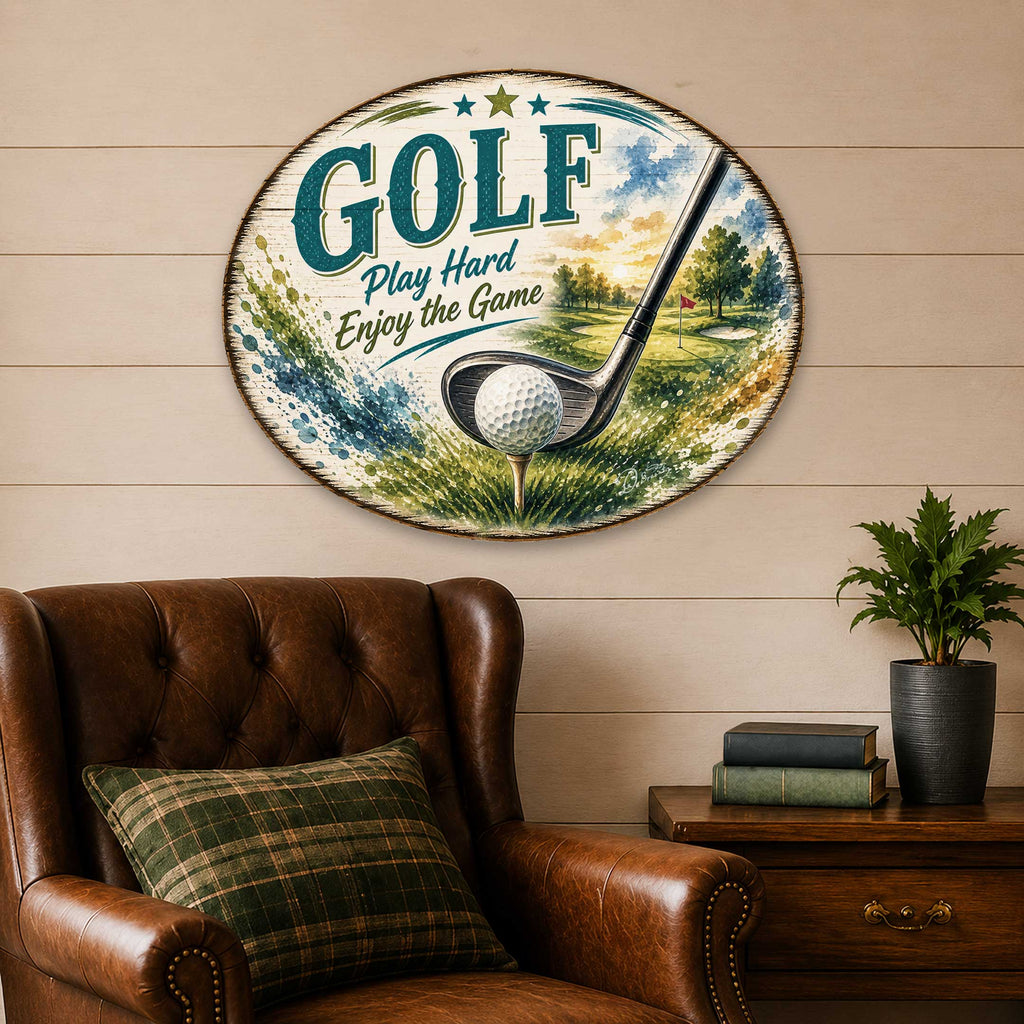 Golf Play Hard Enjoy the Game Door Hanger – Rustic Golf Wall Decor – 19x19 Round Sports Sign by G. Debrekht - 8652889H