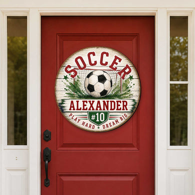 Personalized Soccer Door Hanger – Custom Soccer Name Sign – 19x19 Round Sports Door Decor by G. Debrekht - 8652890H