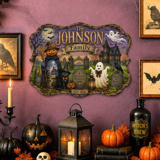 Personalized Halloween Family Wooden Door Hanger – Handcrafted Wooden Fall Door Décor by G. Debrekht - 8652893H