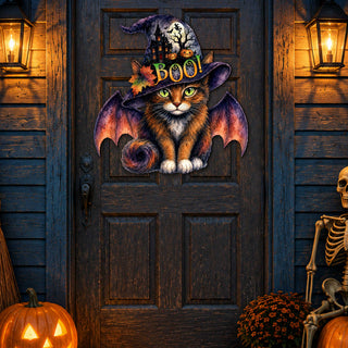 Boo Cat Halloween Wooden Door Hanger – Handcrafted Wooden Fall Door Décor by G. Debrekht - 8652895H