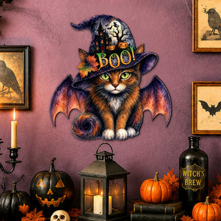 Boo Cat Halloween Wooden Door Hanger – Handcrafted Wooden Fall Door Décor by G. Debrekht - 8652895H