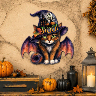 Boo Cat Halloween Wooden Door Hanger – Handcrafted Wooden Fall Door Décor by G. Debrekht - 8652895H
