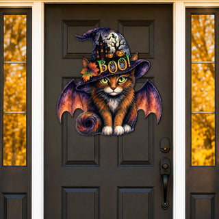 Boo Cat Halloween Wooden Door Hanger – Handcrafted Wooden Fall Door Décor by G. Debrekht - 8652895H