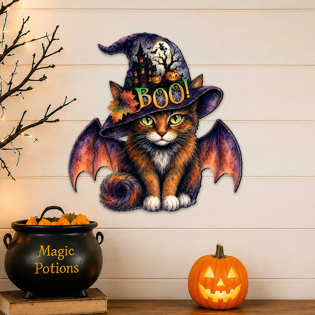 Boo Cat Halloween Wooden Door Hanger – Handcrafted Wooden Fall Door Décor by G. Debrekht - 8652895H