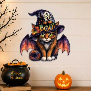 Boo Cat Halloween Wooden Door Hanger – Handcrafted Wooden Fall Door Décor by G. Debrekht - 8652895H
