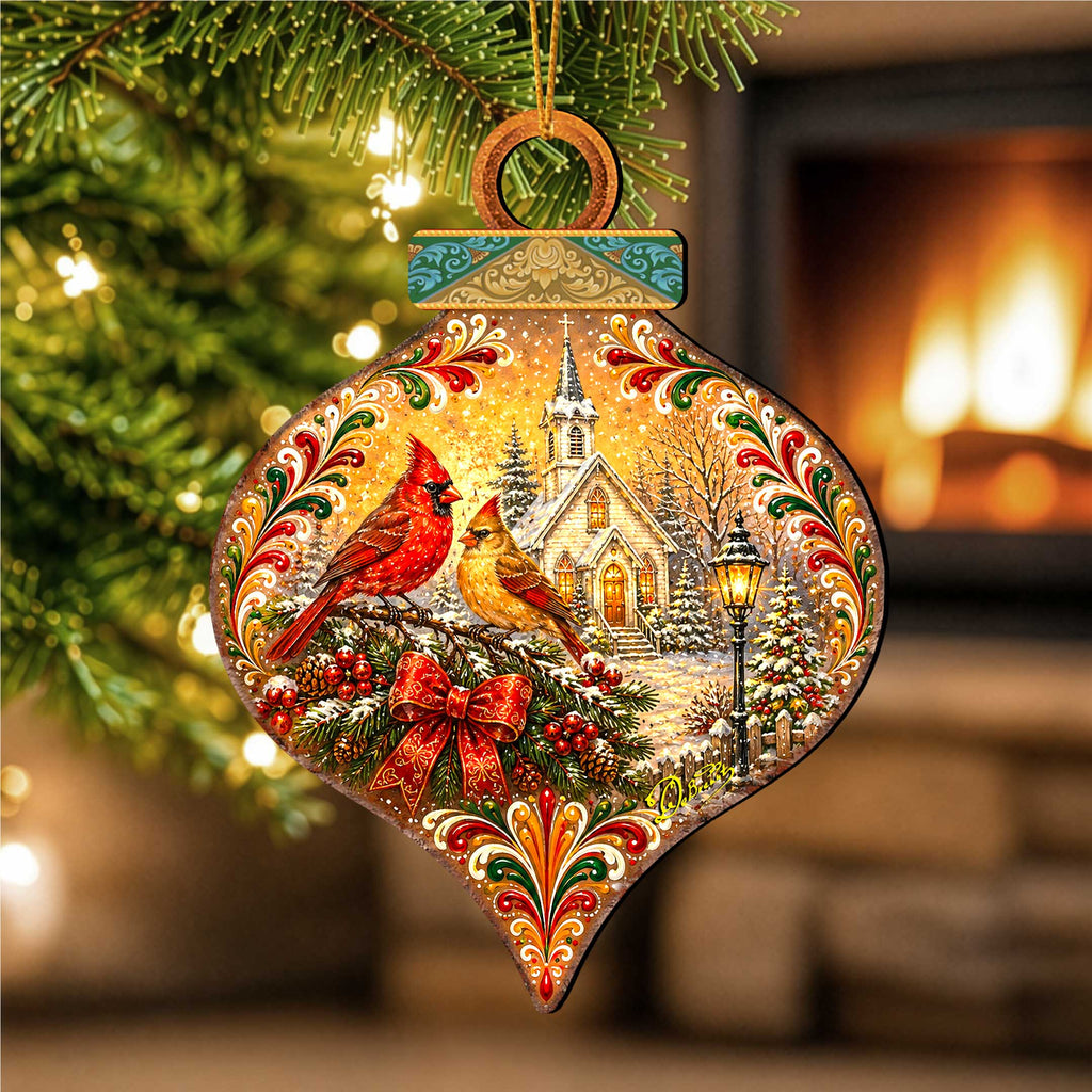 Christmas Cardinals Church Wooden Ornament – Winter Cardinal Holiday Décor by G. Debrekht – 8652902