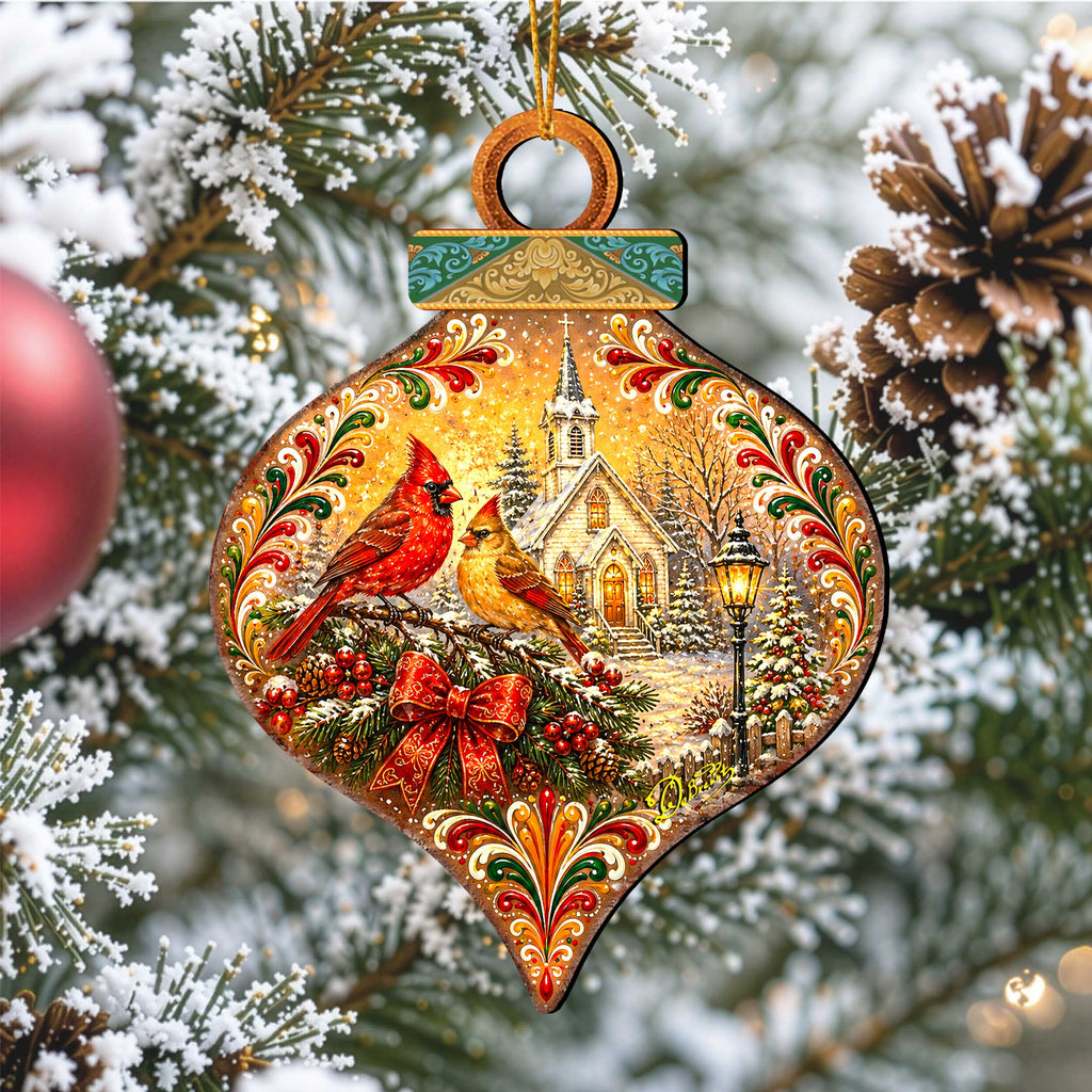 Christmas Cardinals Church Wooden Ornament – Winter Cardinal Holiday Décor by G. Debrekht – 8652902