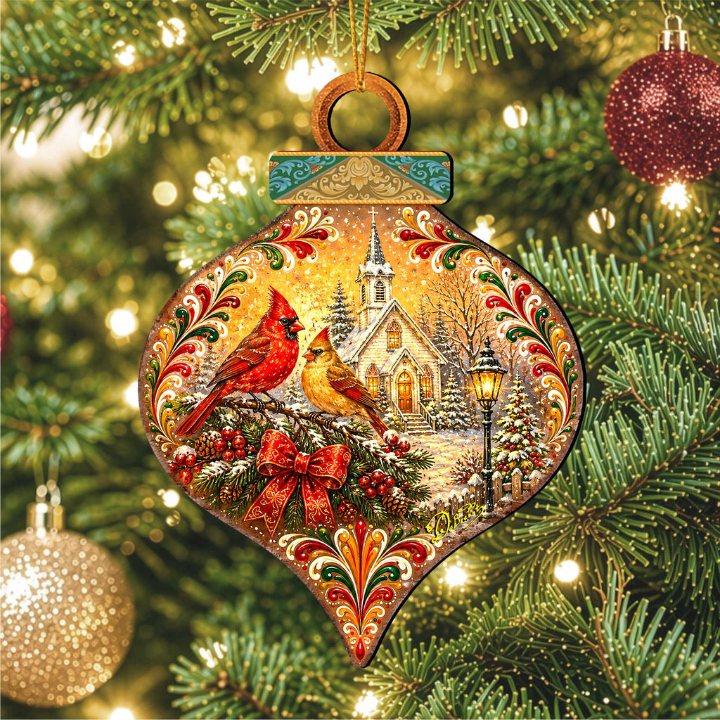 Christmas Cardinals Church Wooden Ornament – Winter Cardinal Holiday Décor by G. Debrekht – 8652902