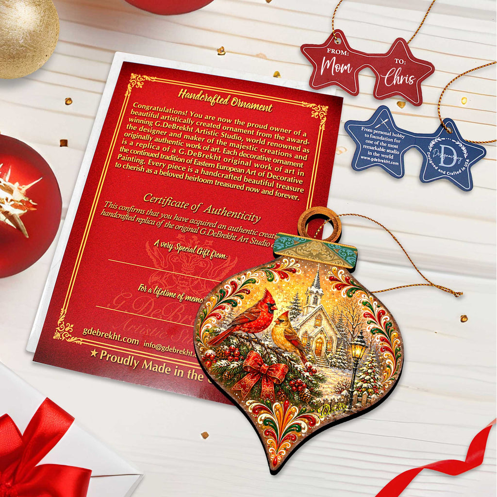 Christmas Cardinals Church Wooden Ornament – Winter Cardinal Holiday Décor by G. Debrekht – 8652902