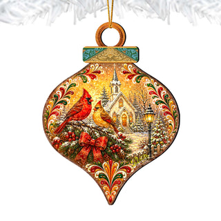 Christmas Cardinals Church Wooden Ornament – Winter Cardinal Holiday Décor by G. Debrekht – 8652902