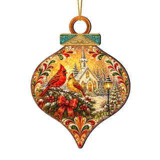Christmas Cardinals Church Wooden Ornament – Winter Cardinal Holiday Décor by G. Debrekht – 8652902