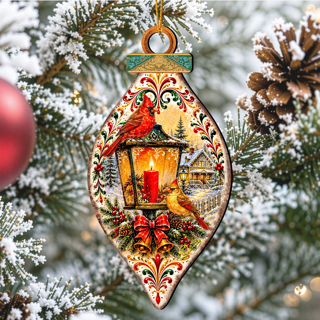 Christmas Cardinals Lantern Wooden Ornament – Winter Cardinal Holiday Décor by G. Debrekht – 8652903
