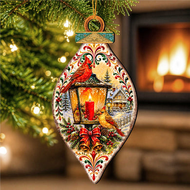 Christmas Cardinals Lantern Wooden Ornament – Winter Cardinal Holiday Décor by G. Debrekht – 8652903