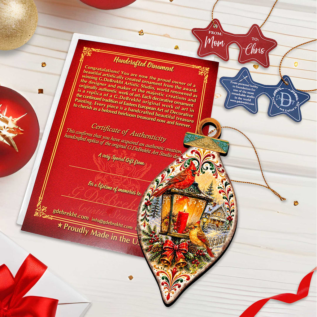 Christmas Cardinals Lantern Wooden Ornament – Winter Cardinal Holiday Décor by G. Debrekht – 8652903