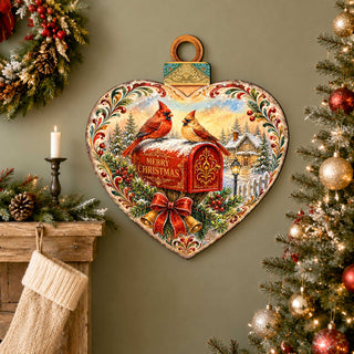 Merry Christmas Cardinals Heart Wooden Door Hanger – Christmas Mailbox Holiday Décor – 8652904H